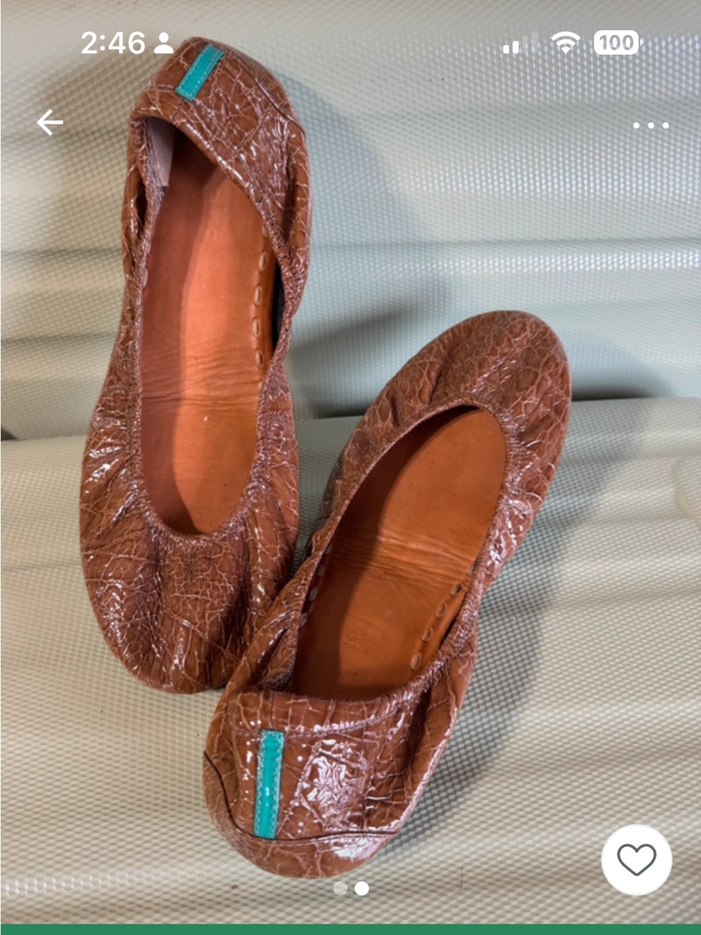 Tieks Brown Croc-Embossed Leather Ballet Flats with Teal Accent